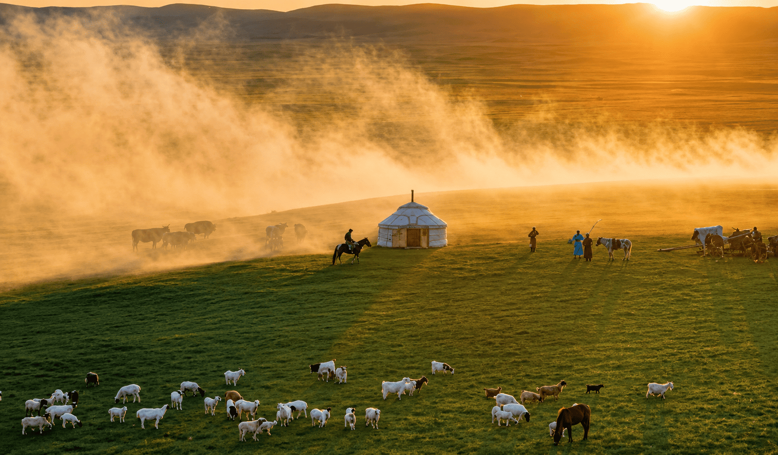 Misty green posture at golden hour